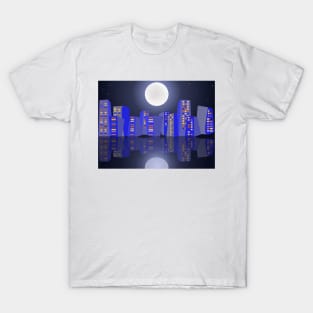 Cityscape under full moon light T-Shirt